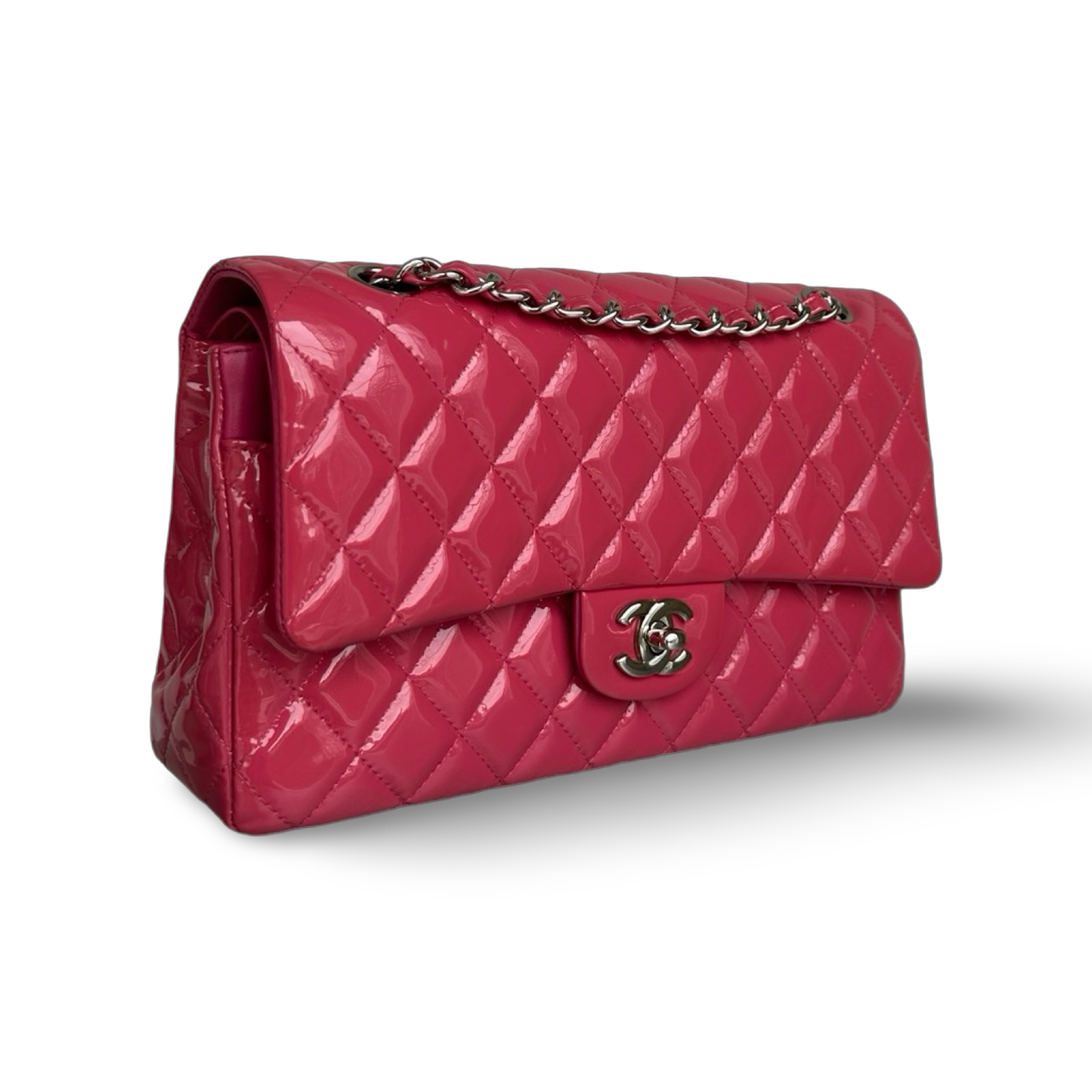 Chanel Quilted Patent Medium Double Flap - SHW / Pink