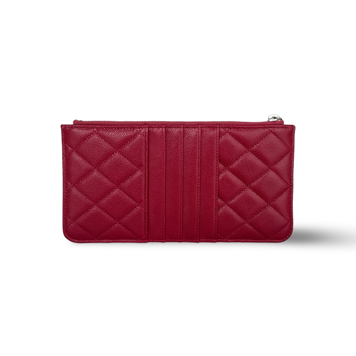 Chanel Quilted Caviar Long Flat Wallet - Sliver / Red