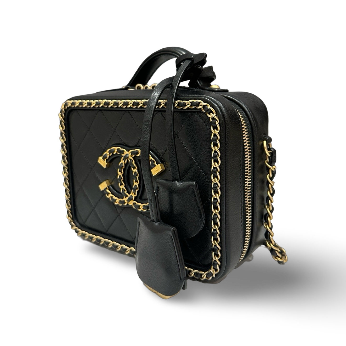 Chanel Quilted Lambskin Medium CC Filigree Chain Around Vanity Case - GHW / Black