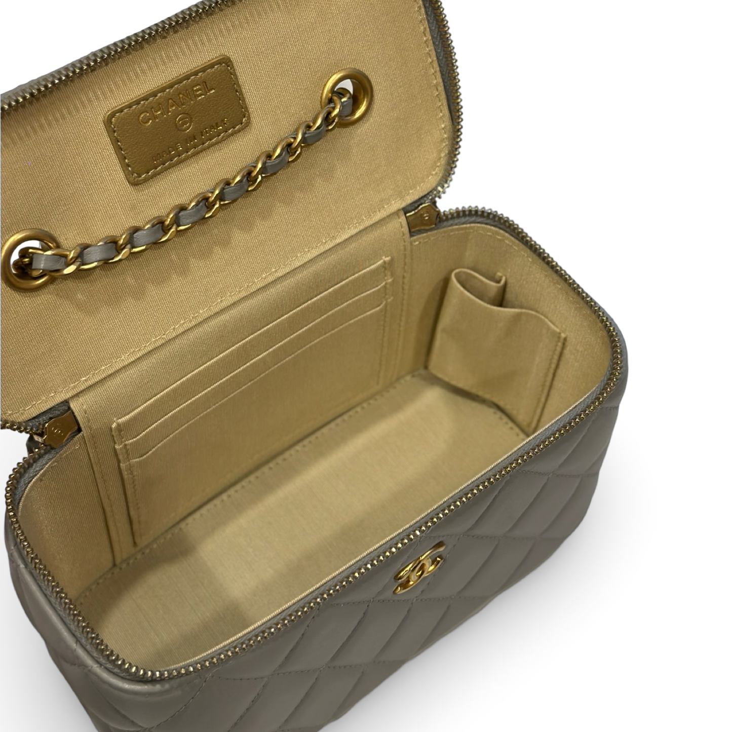 Chanel Quilted Lambskin Small Vanity Case With Gold Ball - GHW / Light Gray