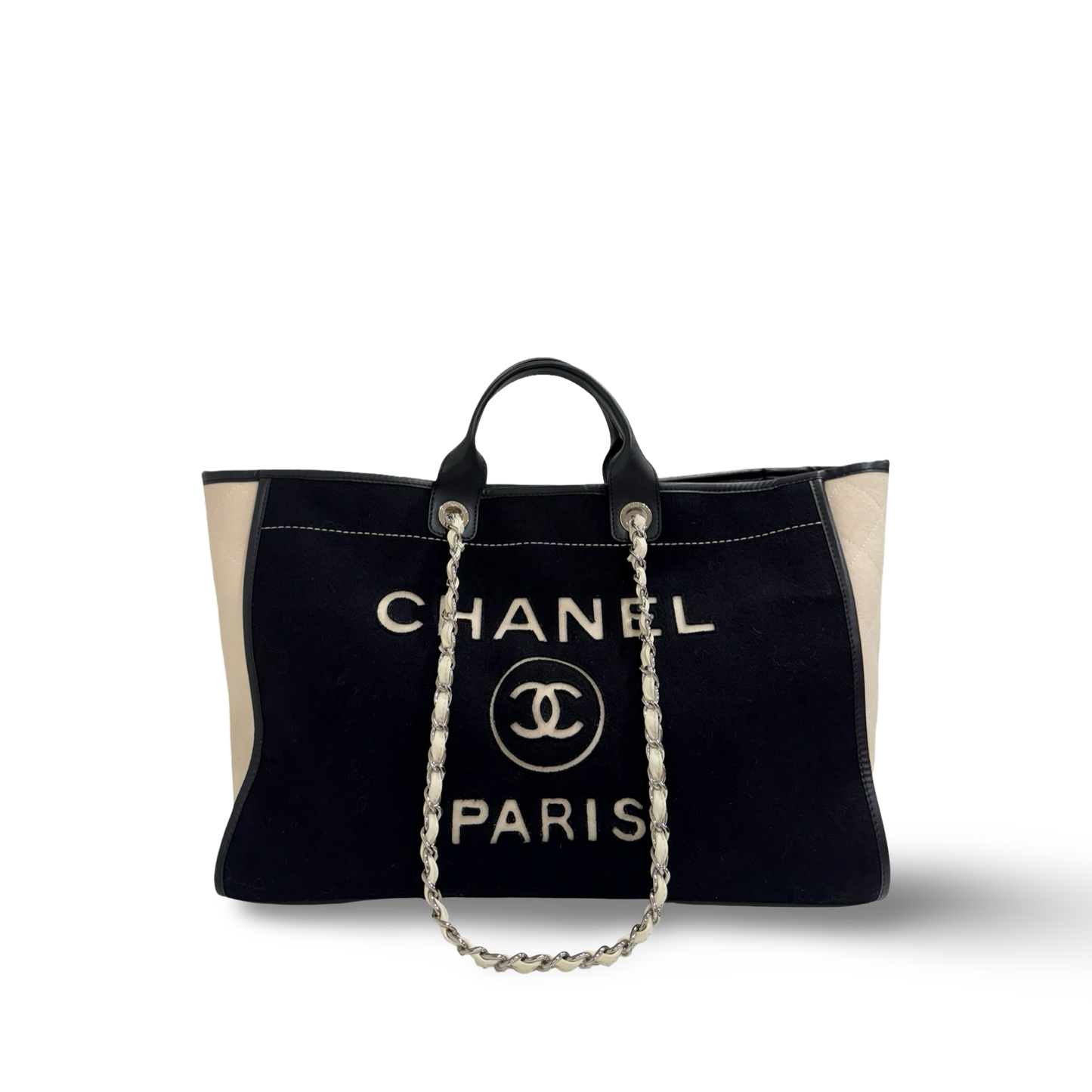 Chaen Wool Felt Large Deauville Tote - GHW / Black and White