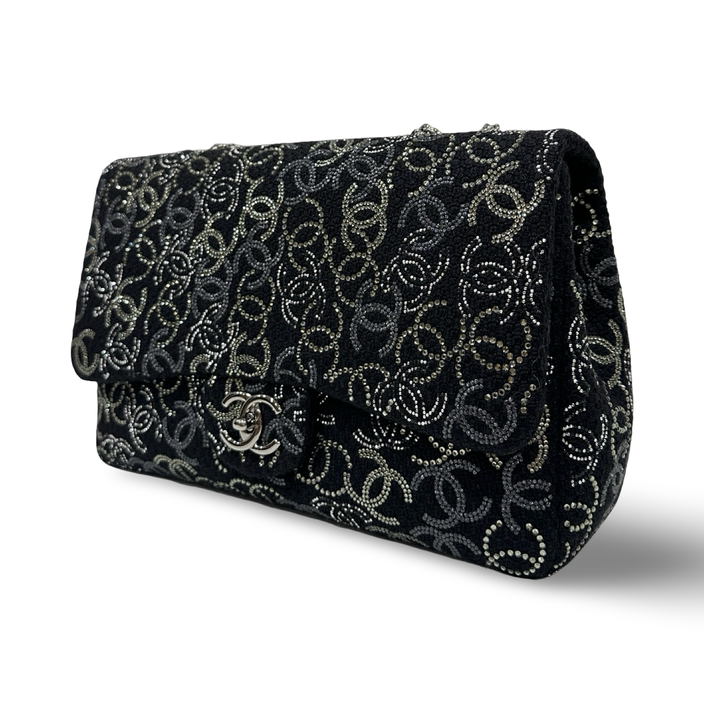 Chanel Tweed and Strass Crystal Jumbo Paris-Shanghai Pudong Single Flap - GHW / Black