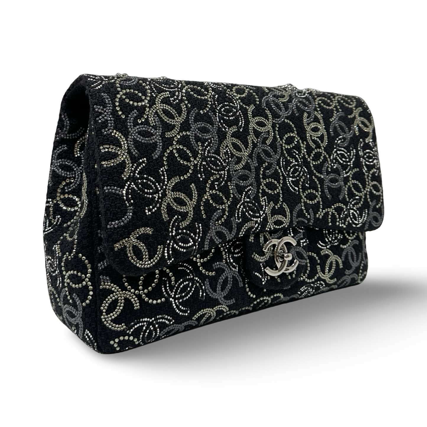 Chanel Tweed and Strass Crystal Jumbo Paris-Shanghai Pudong Single Flap - GHW / Black