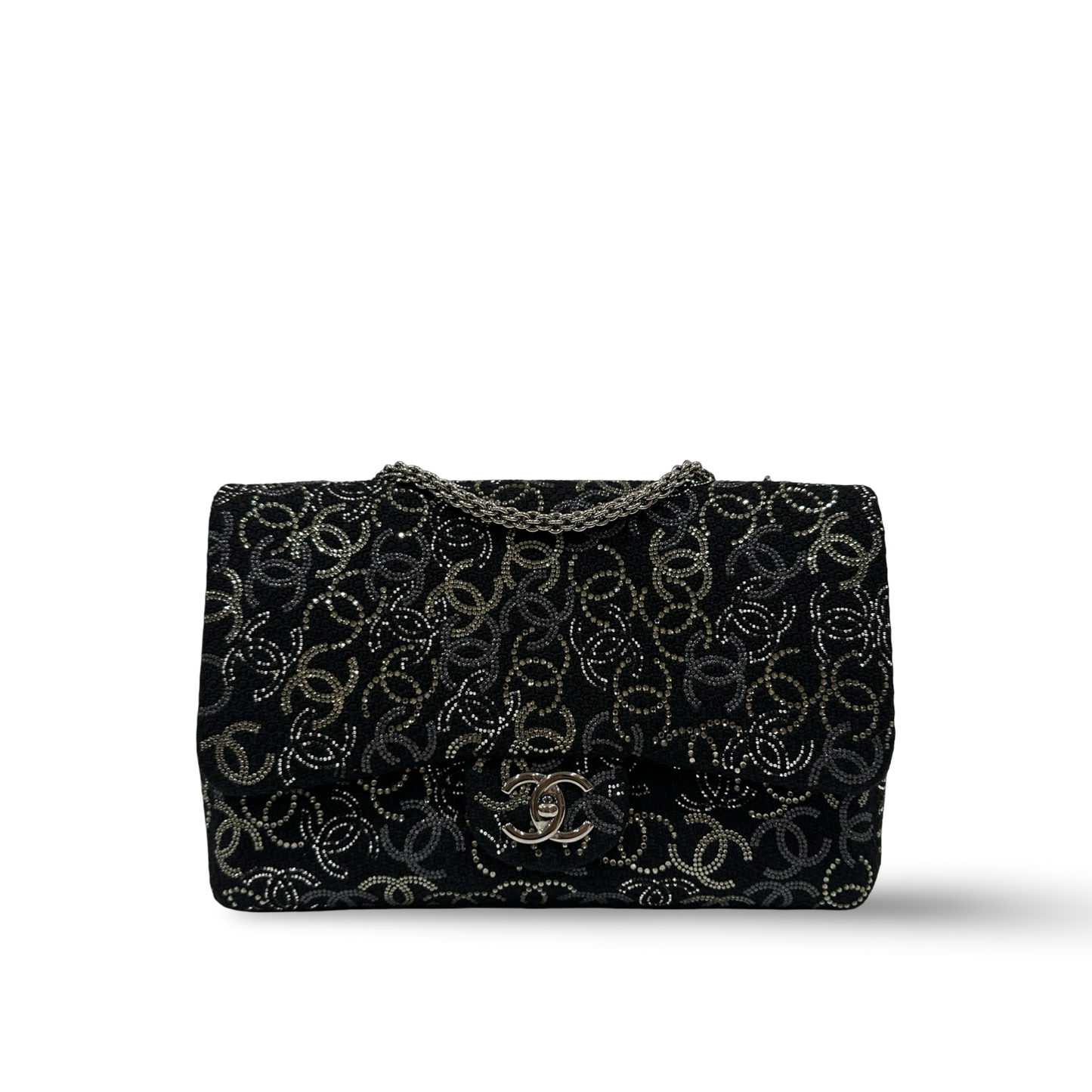 Chanel Tweed and Strass Crystal Jumbo Paris-Shanghai Pudong Single Flap - GHW / Black