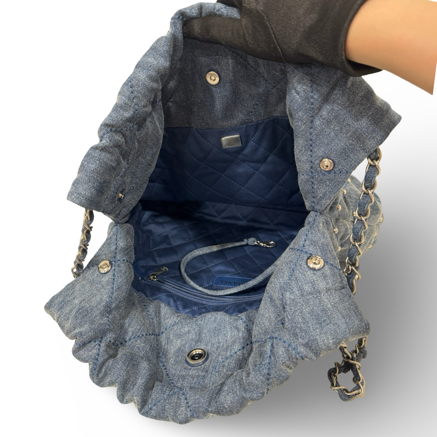 Chanel Quilted Washed Denim Small Silver Tone Metal 22Bag - SHW / Blue
