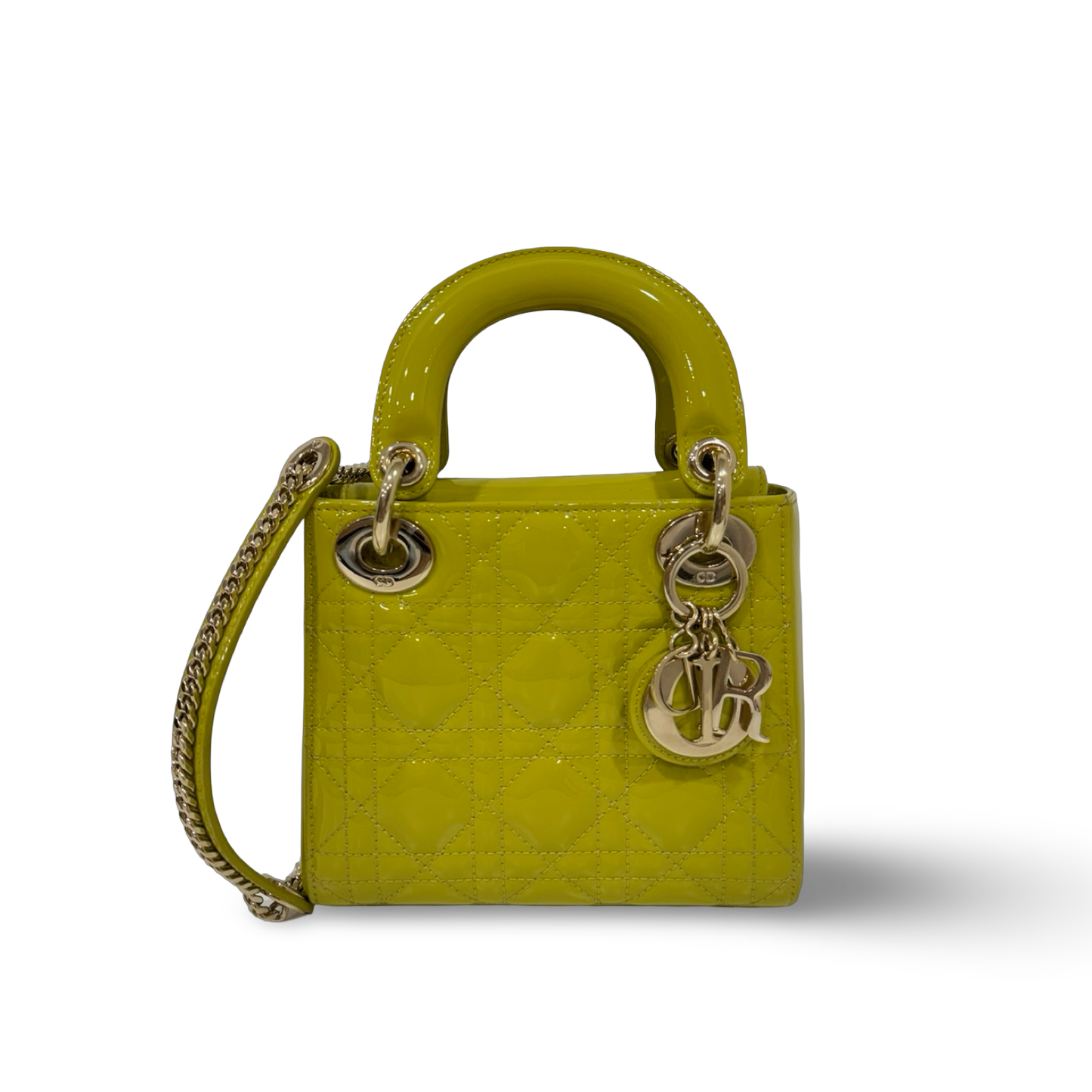 Dior Cannage Patent Mini Lady Bag - GHW / Lime Yellow