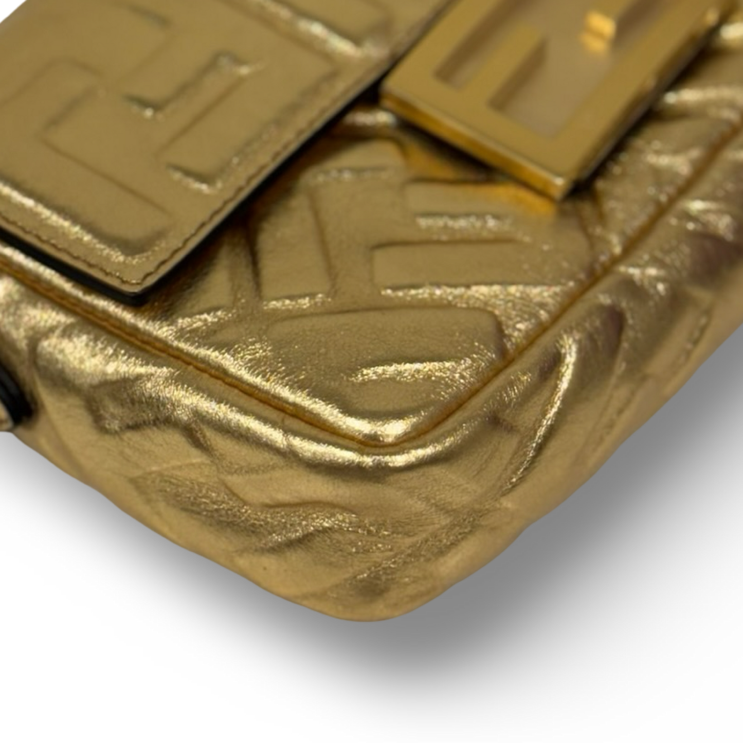 Fendi Vitello Catalan Mini Mirror FF 1974 Embossed Baguette - GHW / Gold