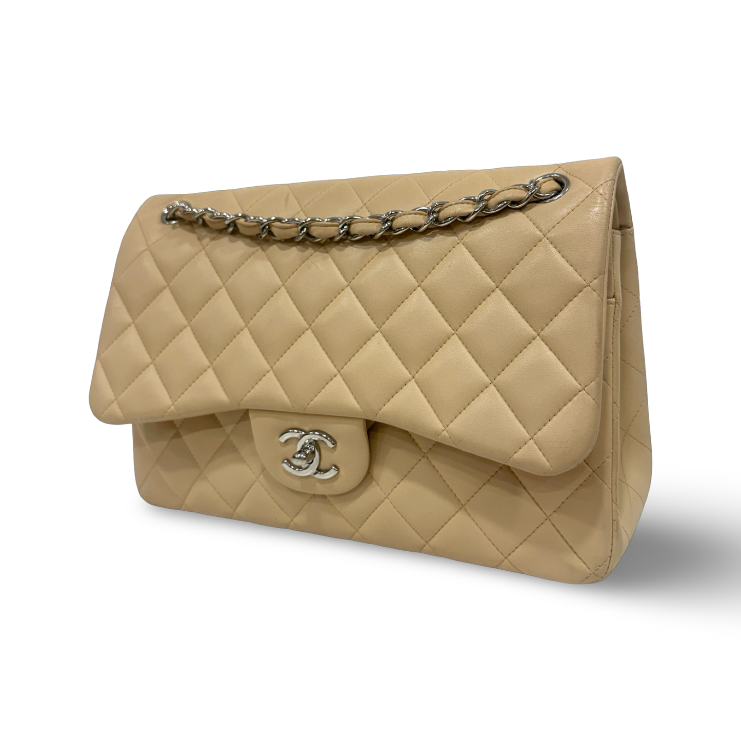 Chanel Quillied Lambskin Jumbo Double Flap - SHW / Beige