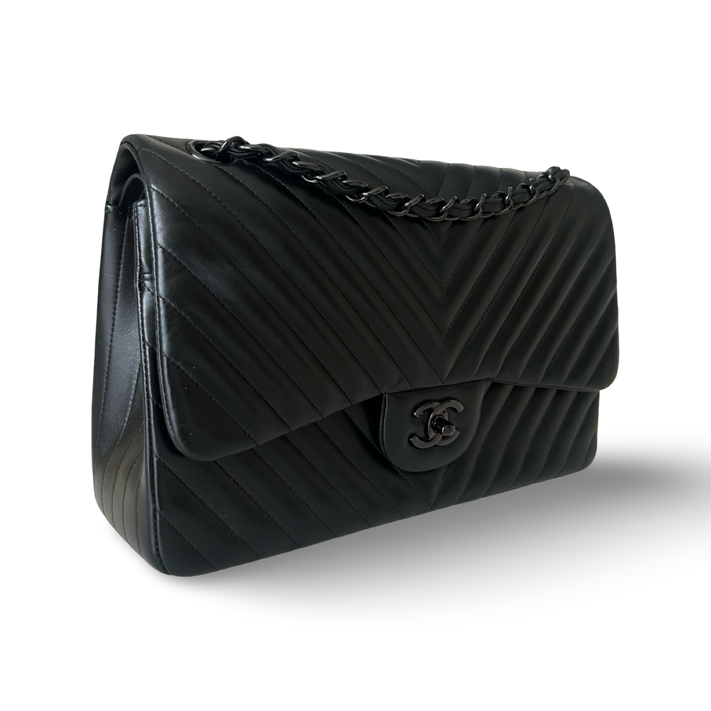 Chanel Chevron Lambskin Jumbo So Black Double Flap - Black / BHW