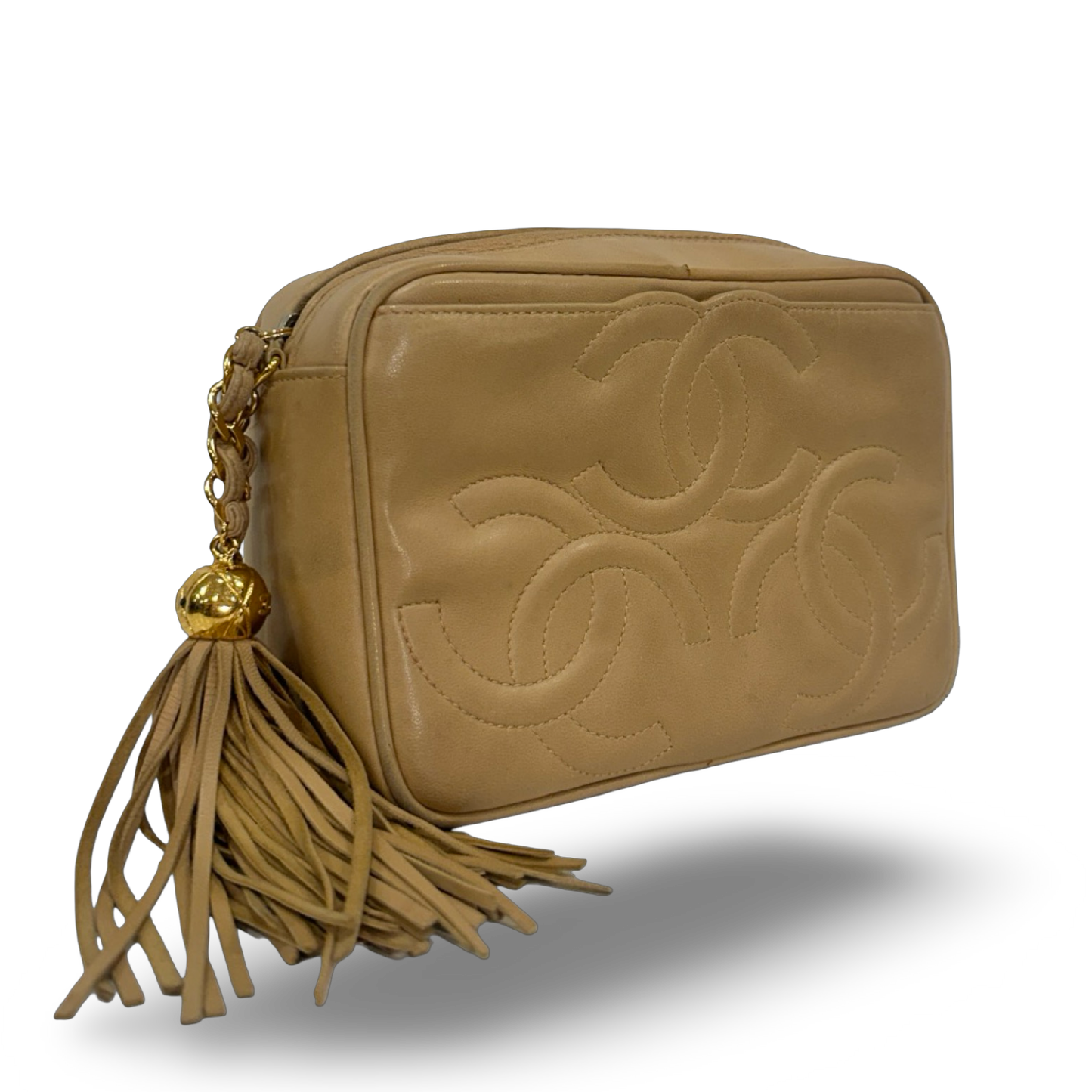 Chanel Vintage Quilted Lambskin Three Logos Camera Bag - GHW / Beige