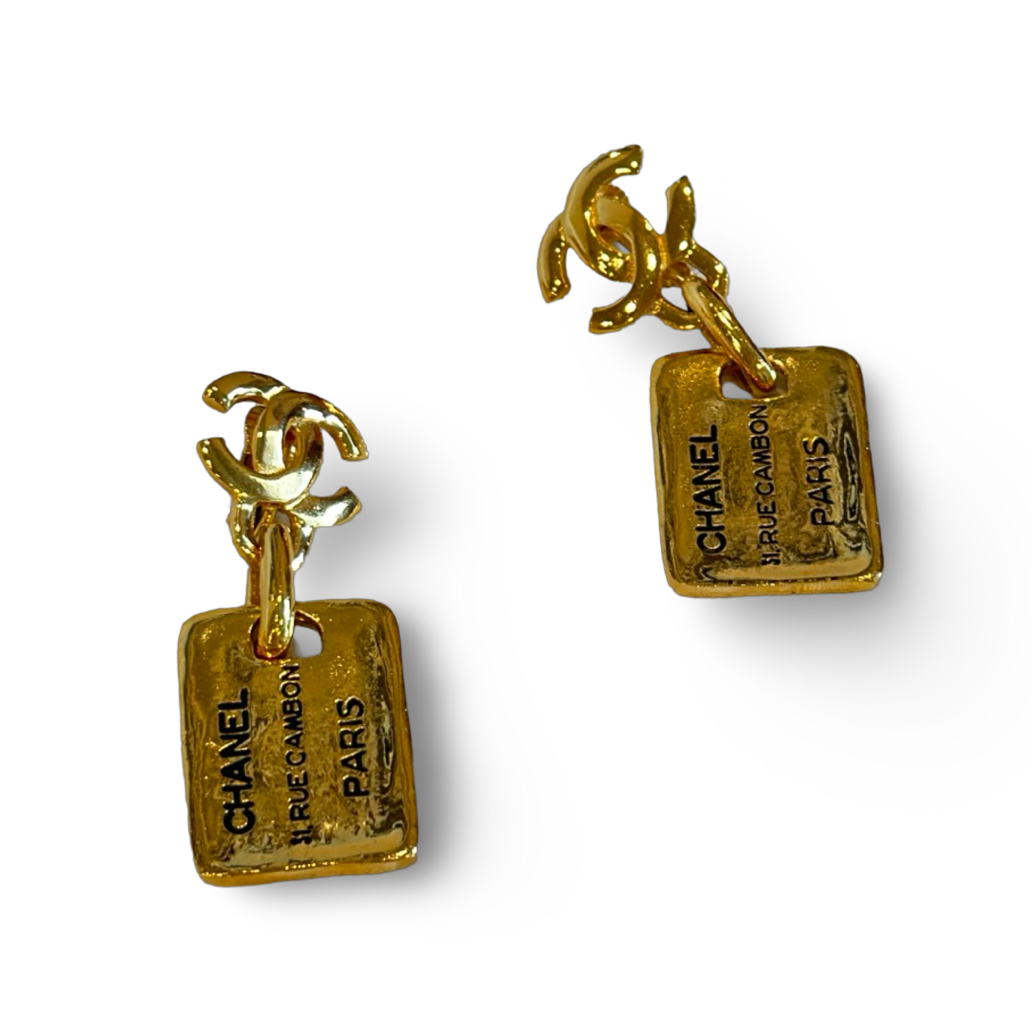 Chanel Vintage Gold Tone Dangle Rectangular 31 Rue Cambon Earrings