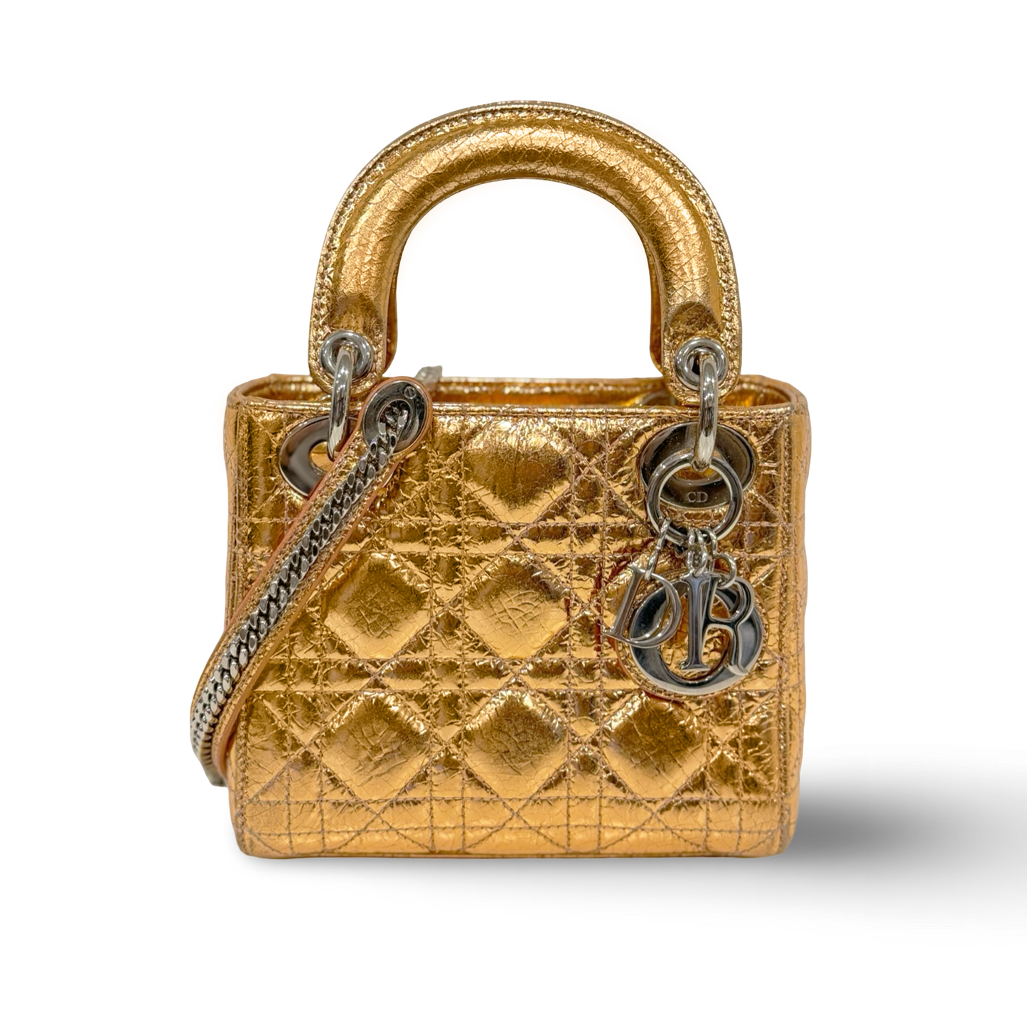 Dior Cannage Shinny Calfskin Mini Lady Bag - SHW / Rose Gold