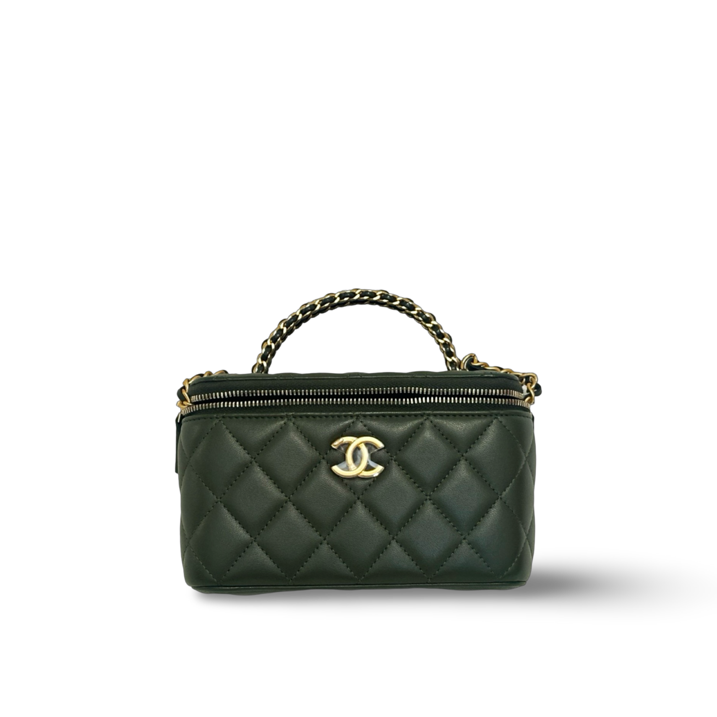 Chanel Classic Shiny Calfskin Top Handle Small Vanity Case Olive
