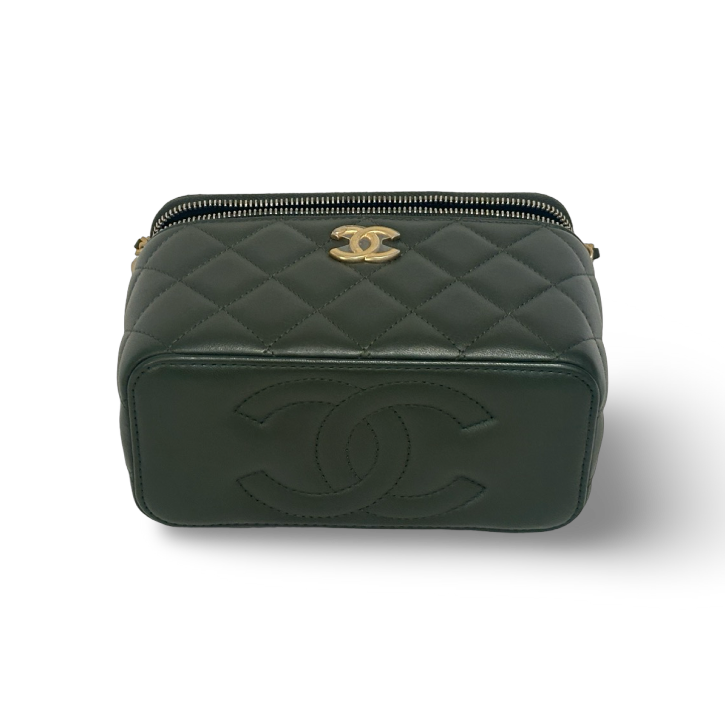 Chanel Classic Shiny Calfskin Top Handle Small Vanity Case Olive
