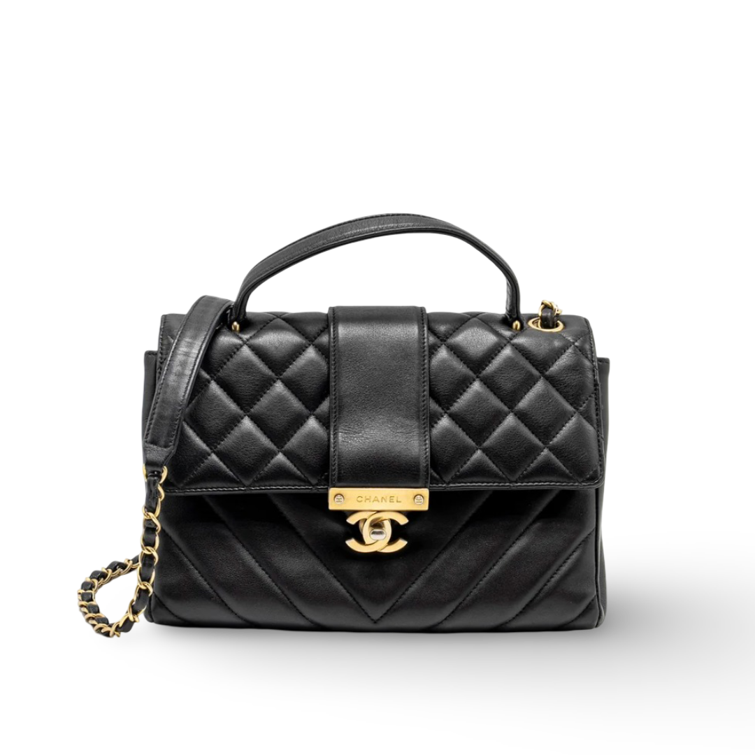 Chanel Calfskin Quilted Chevron In The City Bag - Black / GHW