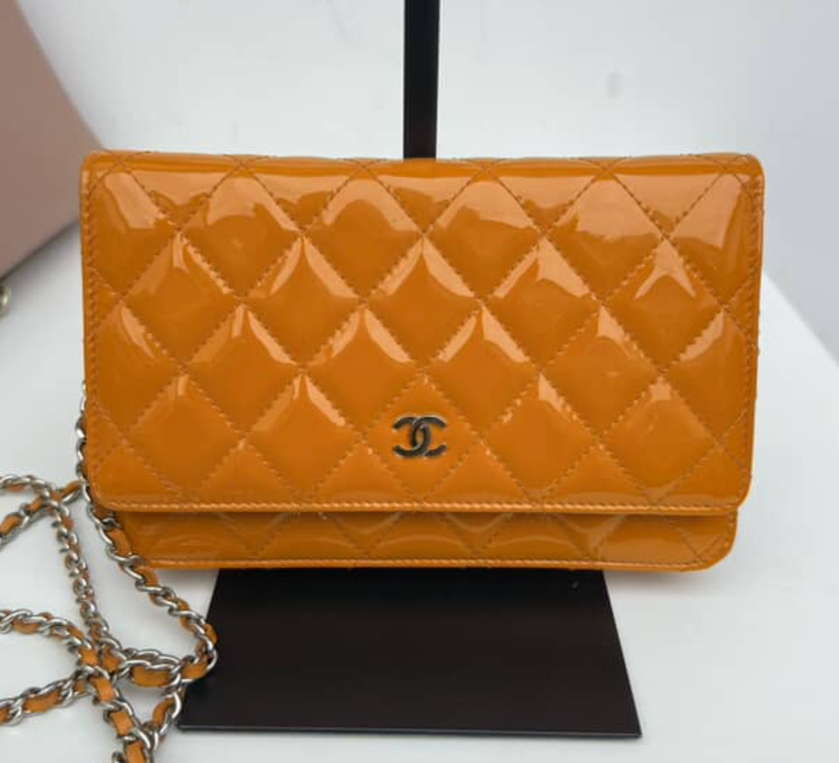 Chanel Quilted Patent Wallet on Chain - SHW / Orange