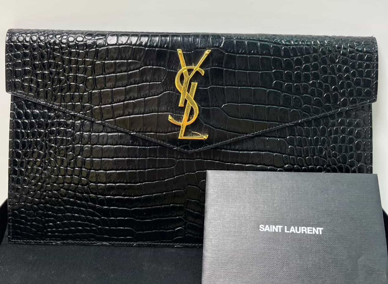 Saint Laurent Crocodile Embossed Shiny Leather Uptown Pouch - GHW / Black