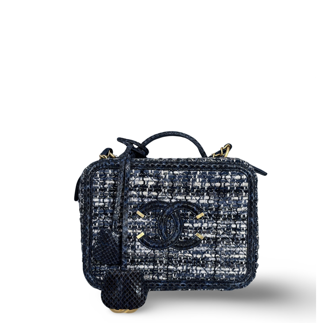 Chanel Snakeskin Medium Filigree Navy Vanity Case