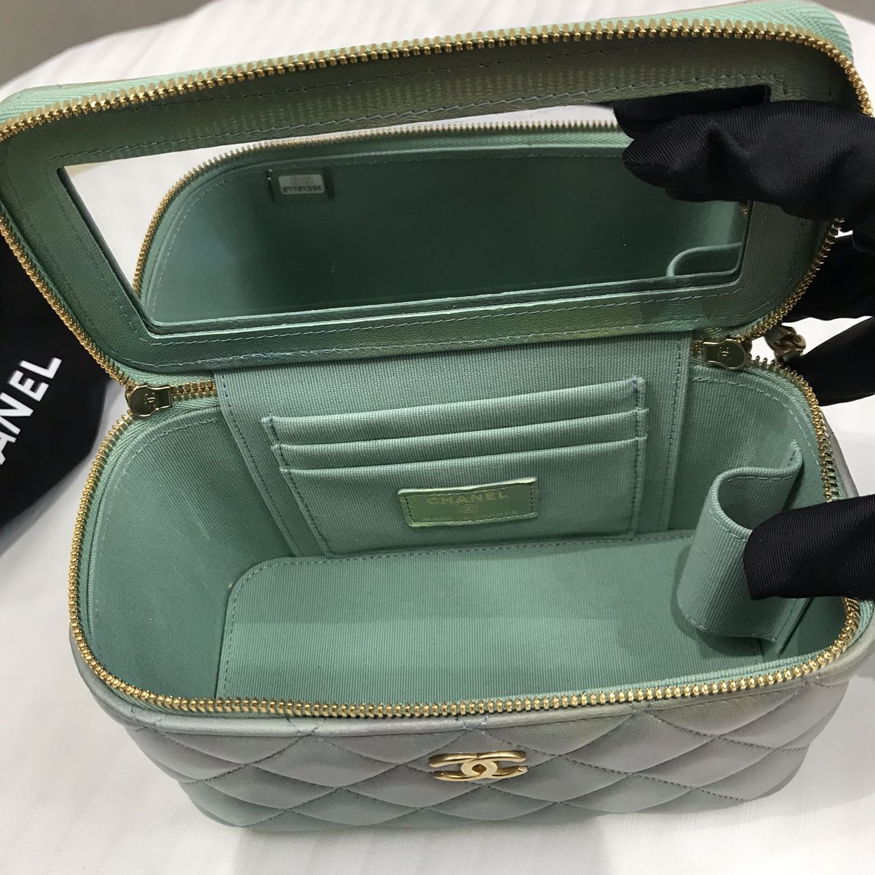 Chanel Quilted Lambskin Tophandle Small Vanity Box - GHW / Blue/Green