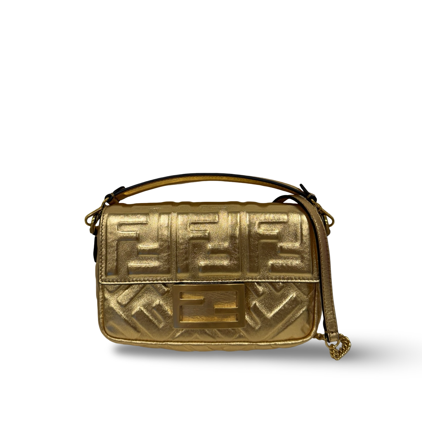 Fendi Vitello Catalan Mini Mirror FF 1974 Embossed Baguette - GHW / Gold