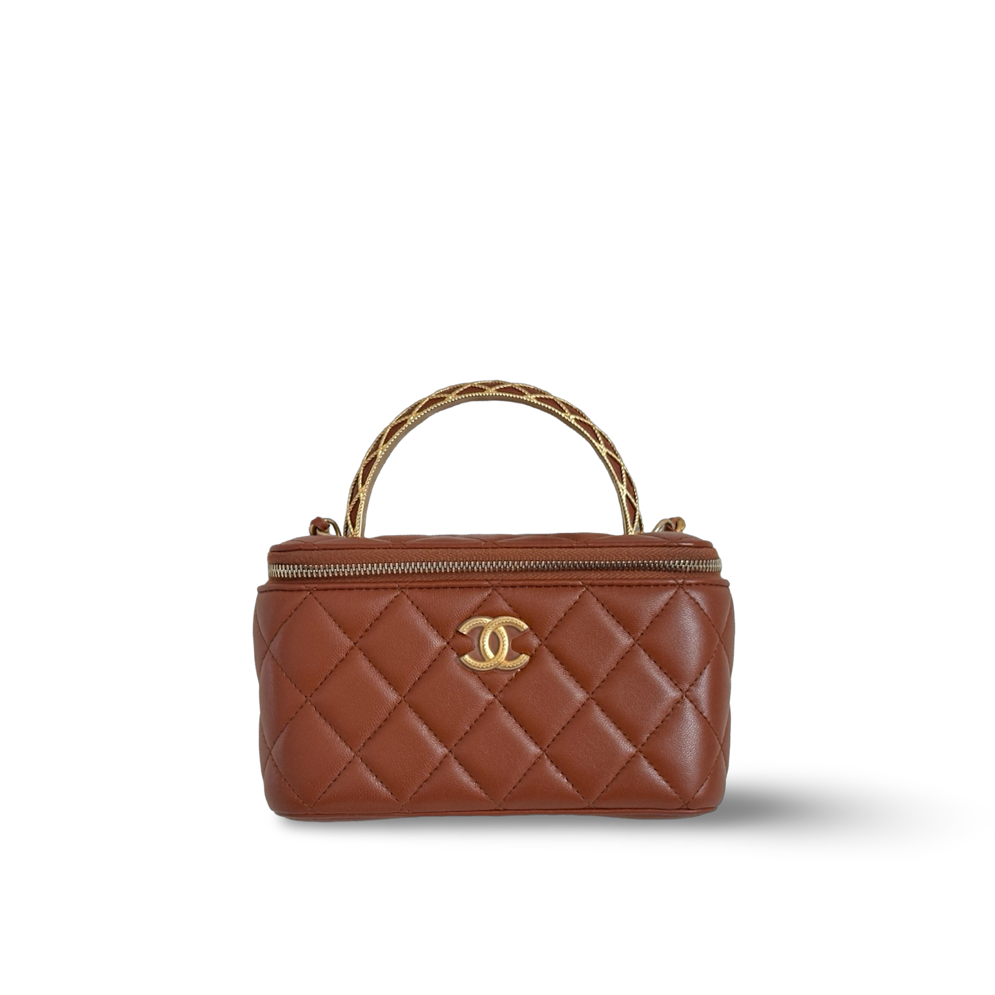 Chanel Classic Shiny Calfskin Top Handle Medium Vanity Case Carmel