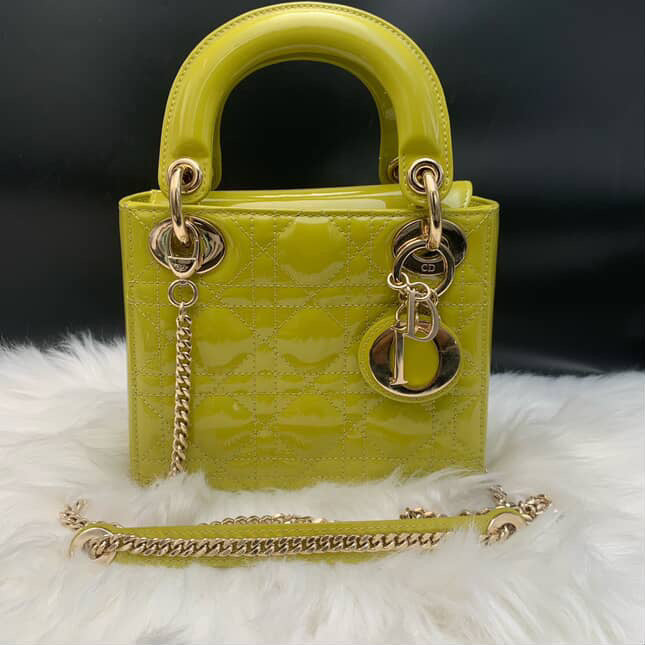 Dior Cannage Patent Mini Lady Bag - GHW / Lime Yellow