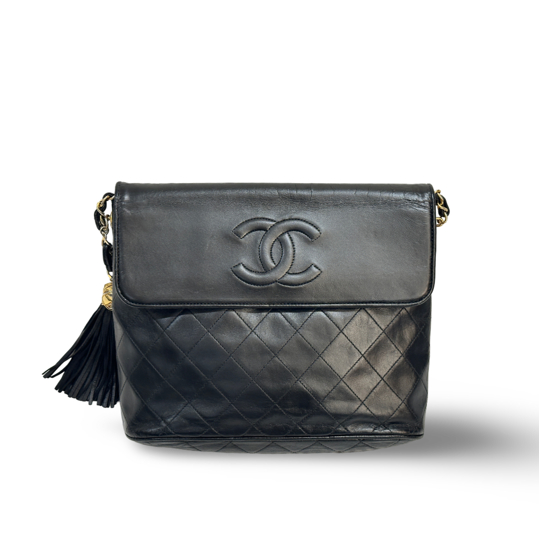 Chanel Vintage Big Logo With Fringe Flap - Gold / Black