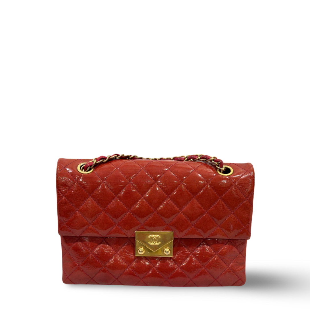 Chanel Classic Patent Envelope Gold Lock Multiple Flaps Red