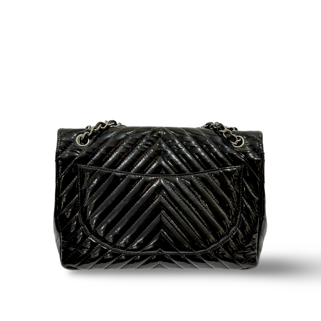 Chanel Chevron Patent Quilted Jumbo Single Flap Black