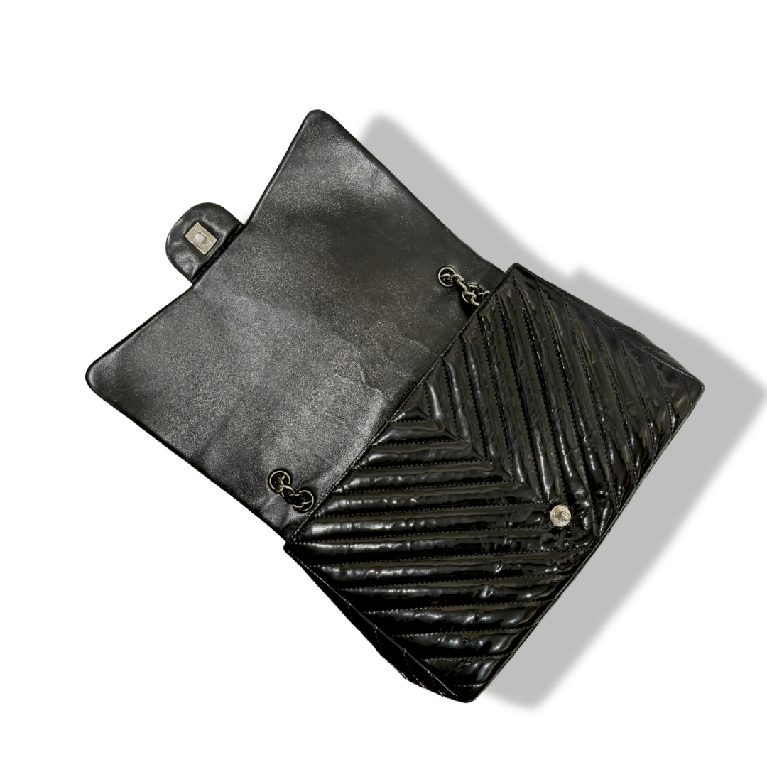 Chanel Chevron Patent Quilted Jumbo Single Flap Black