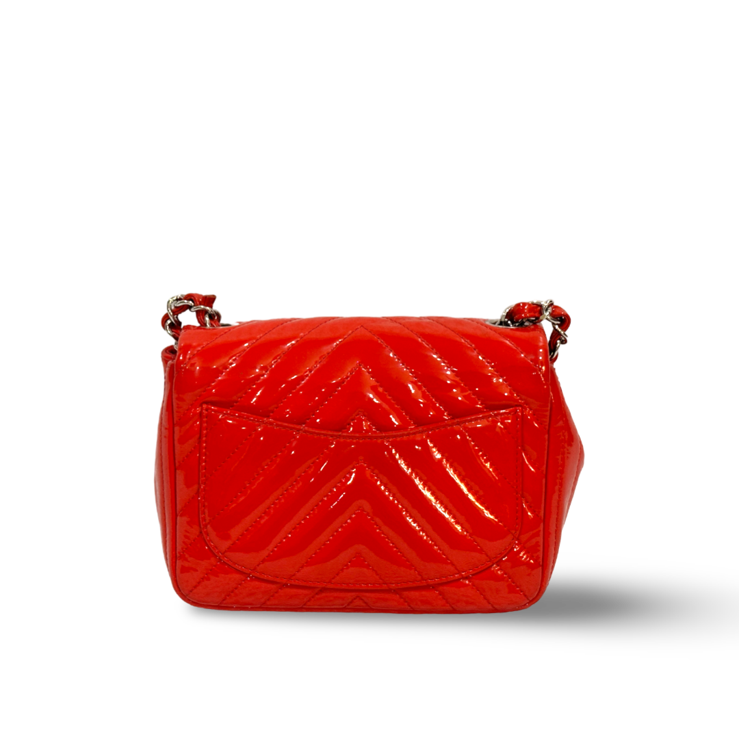 Chanel Chevron Patent Quilted Mini Square Single Flap Red