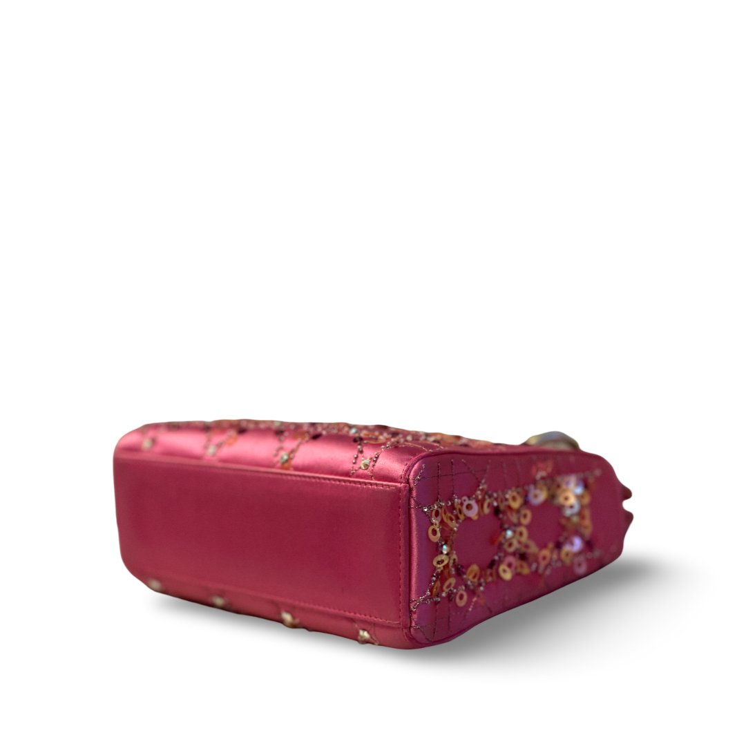 Dior Satin Mini Lady Rose Pink Bag With Pearl Chain