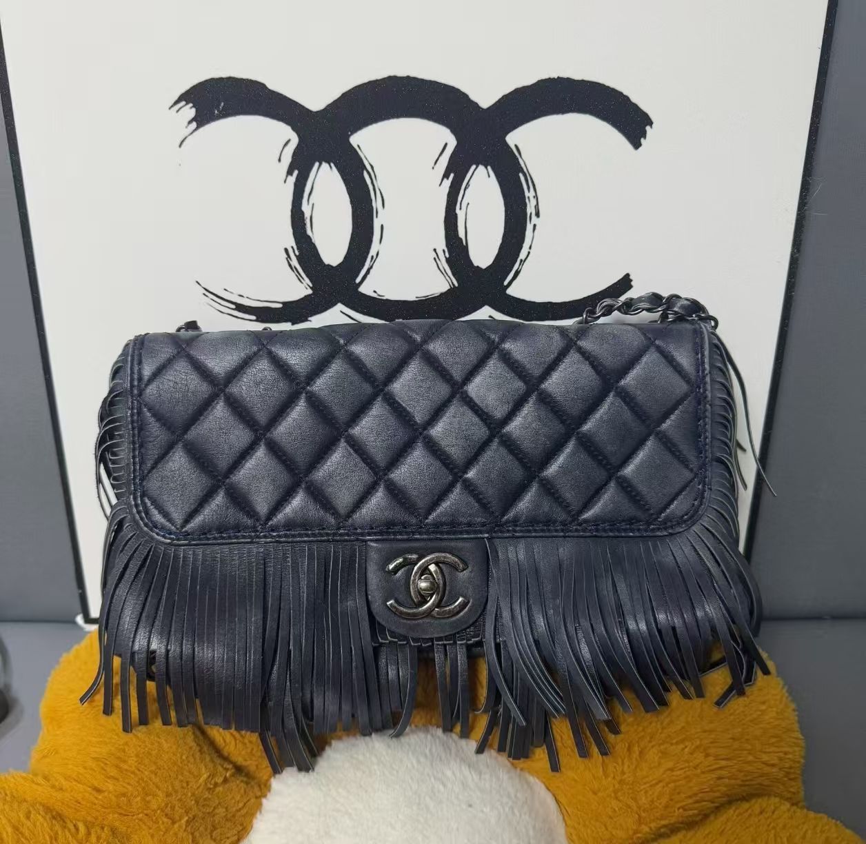 Chanel Quilted Lambskin Fringe Shoulder Bag - Aged SHW / Navy