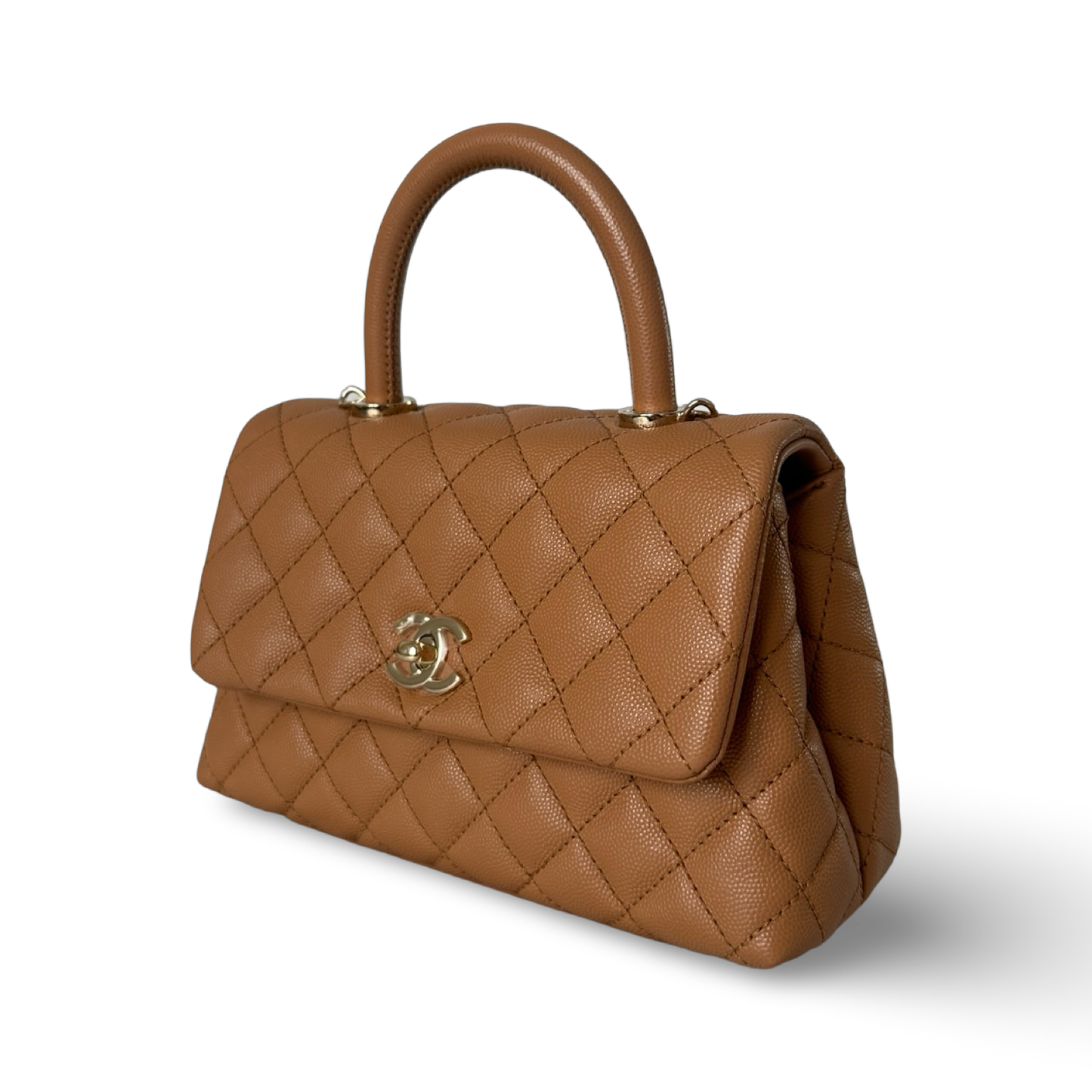 Chanel Small Coco Handle 經典菱格紋牛皮手提包 - 焦糖色 / 金釦
