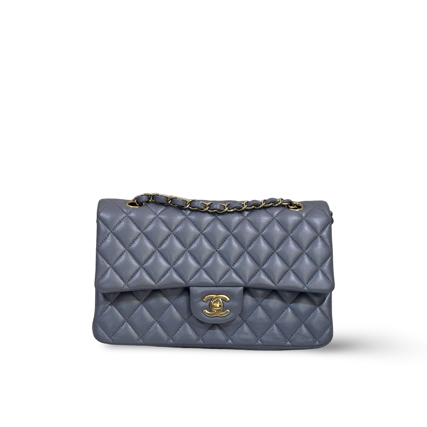 Chanel Classic Lambskin Medium Double Flap Sliver Ash Blue