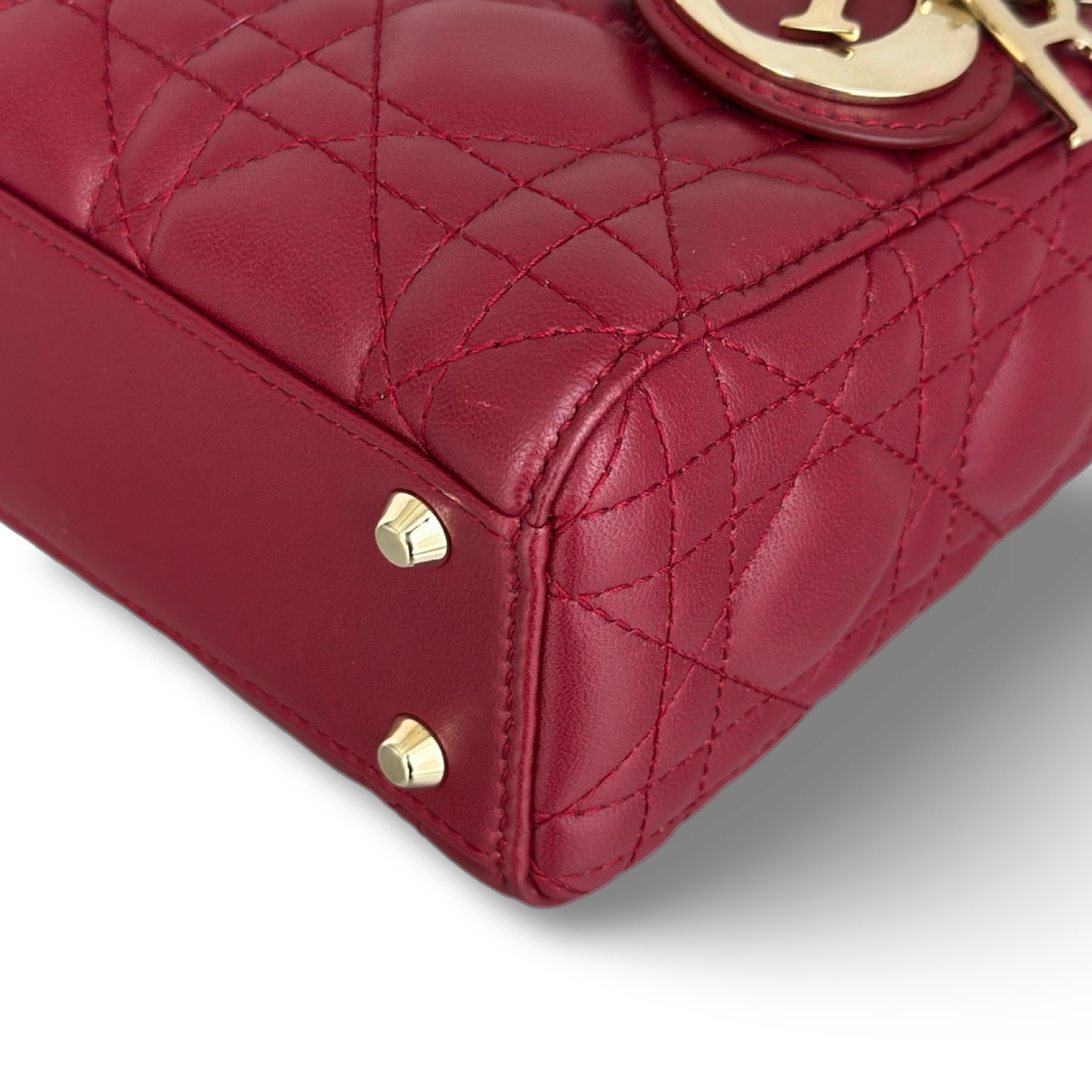 Dior Cannage Lambskin Mini Lady Bag - Gold / Red