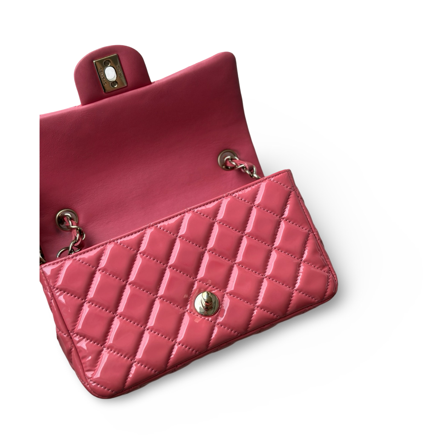 Chanel Classic Patent Rectangular Mini Single Flap - SHW / Peach Pink