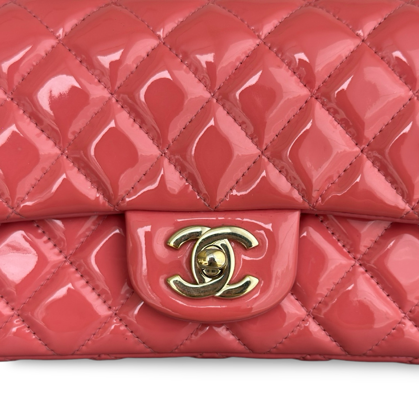 Chanel Classic Patent Rectangular Mini Single Flap - SHW / Peach Pink