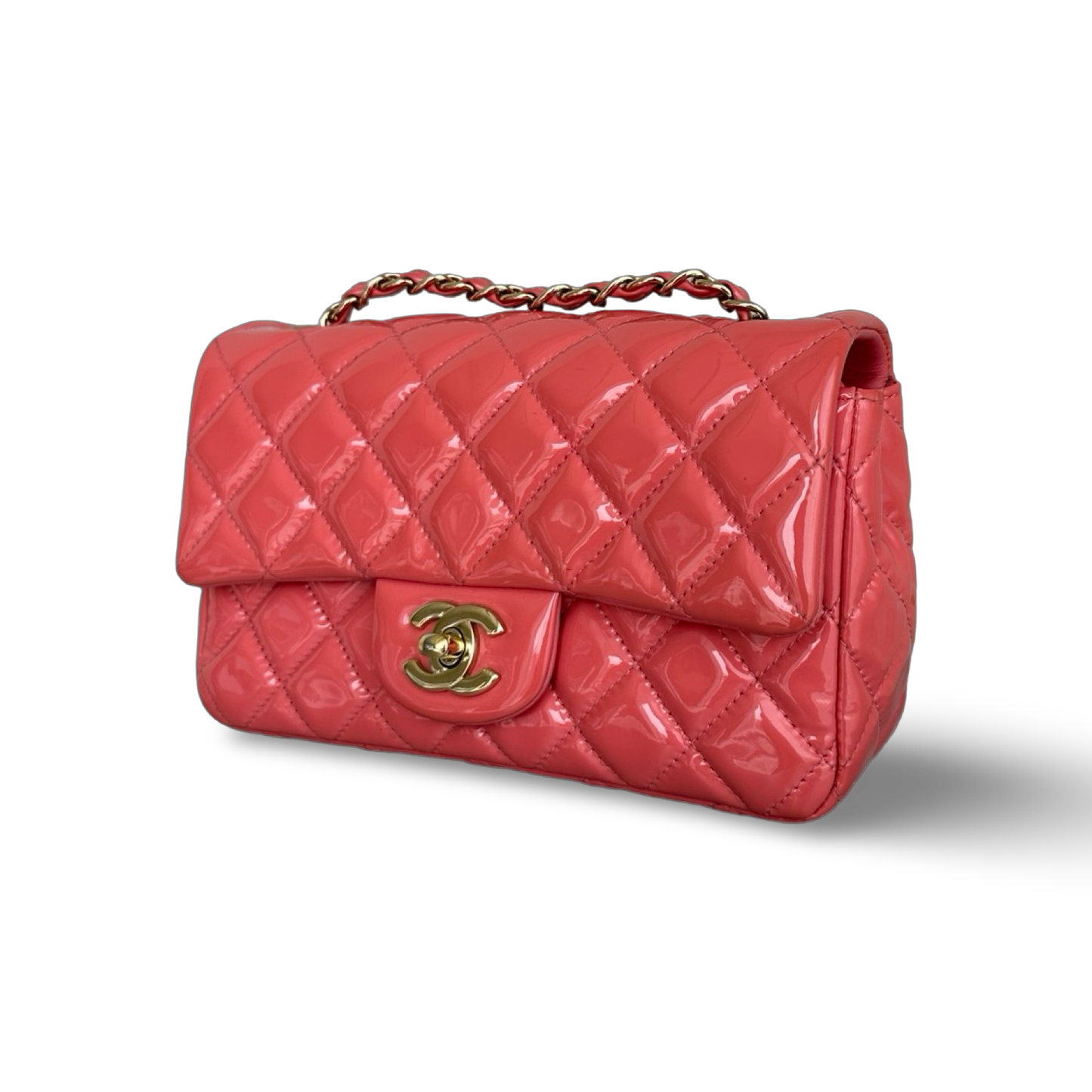 Chanel Classic Patent Rectangular Mini Single Flap - SHW / Peach Pink