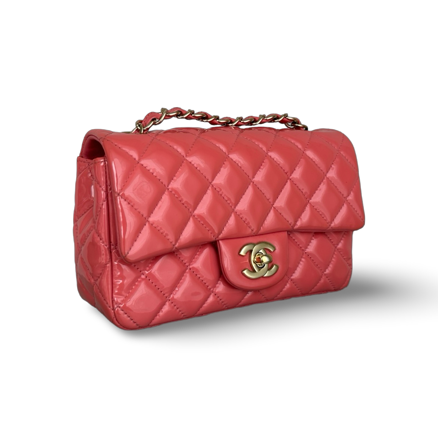 Chanel Classic Patent Rectangular Mini Single Flap - SHW / Peach Pink