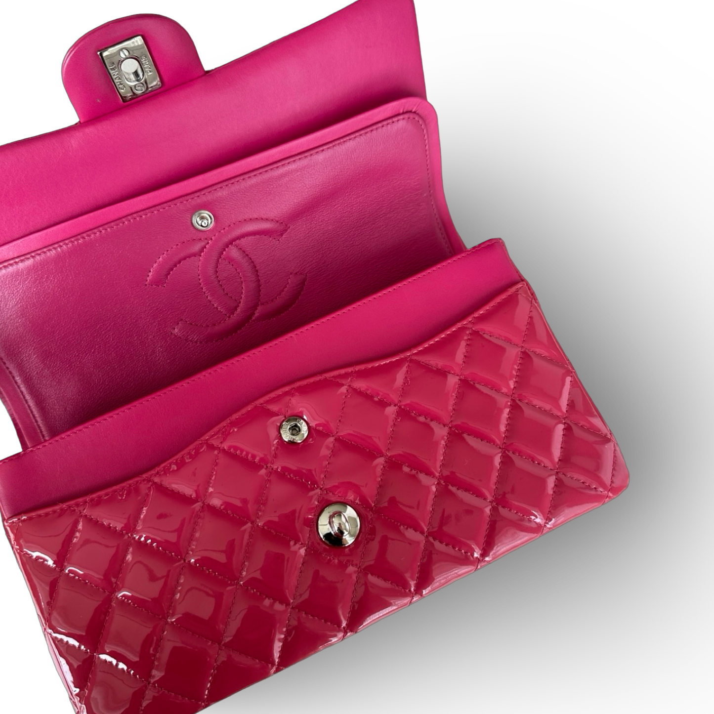 Chanel Quilted Patent Medium Double Flap - SHW / Pink