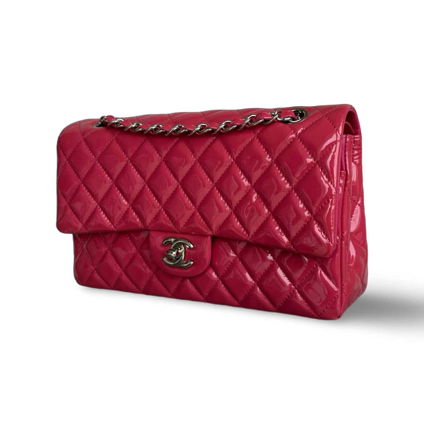 Chanel Quilted Patent Medium Double Flap - SHW / Pink