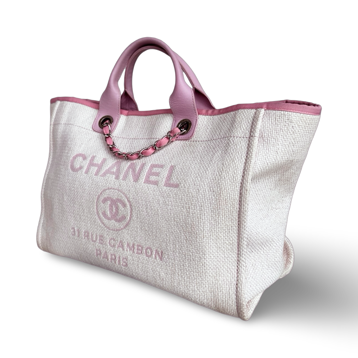Chanel Straw Raffia Calfskin Chain Medium Deauville Tote - GHW / Pink