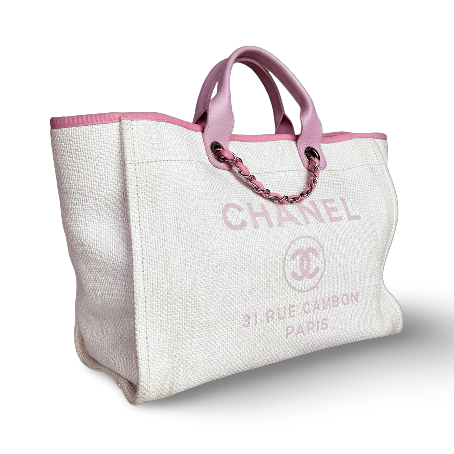 Chanel Straw Raffia Calfskin Chain Medium Deauville Tote - GHW / Pink