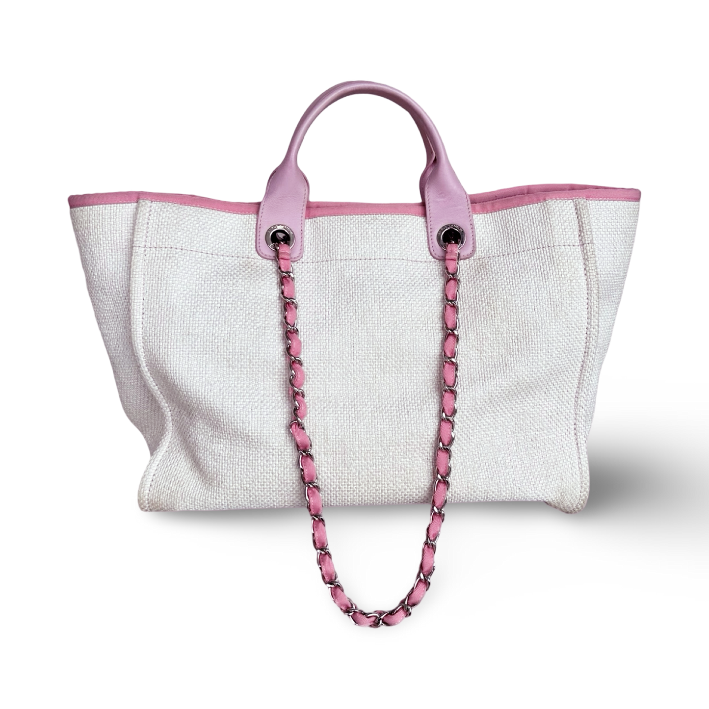 Chanel Straw Raffia Calfskin Chain Medium Deauville Tote - GHW / Pink