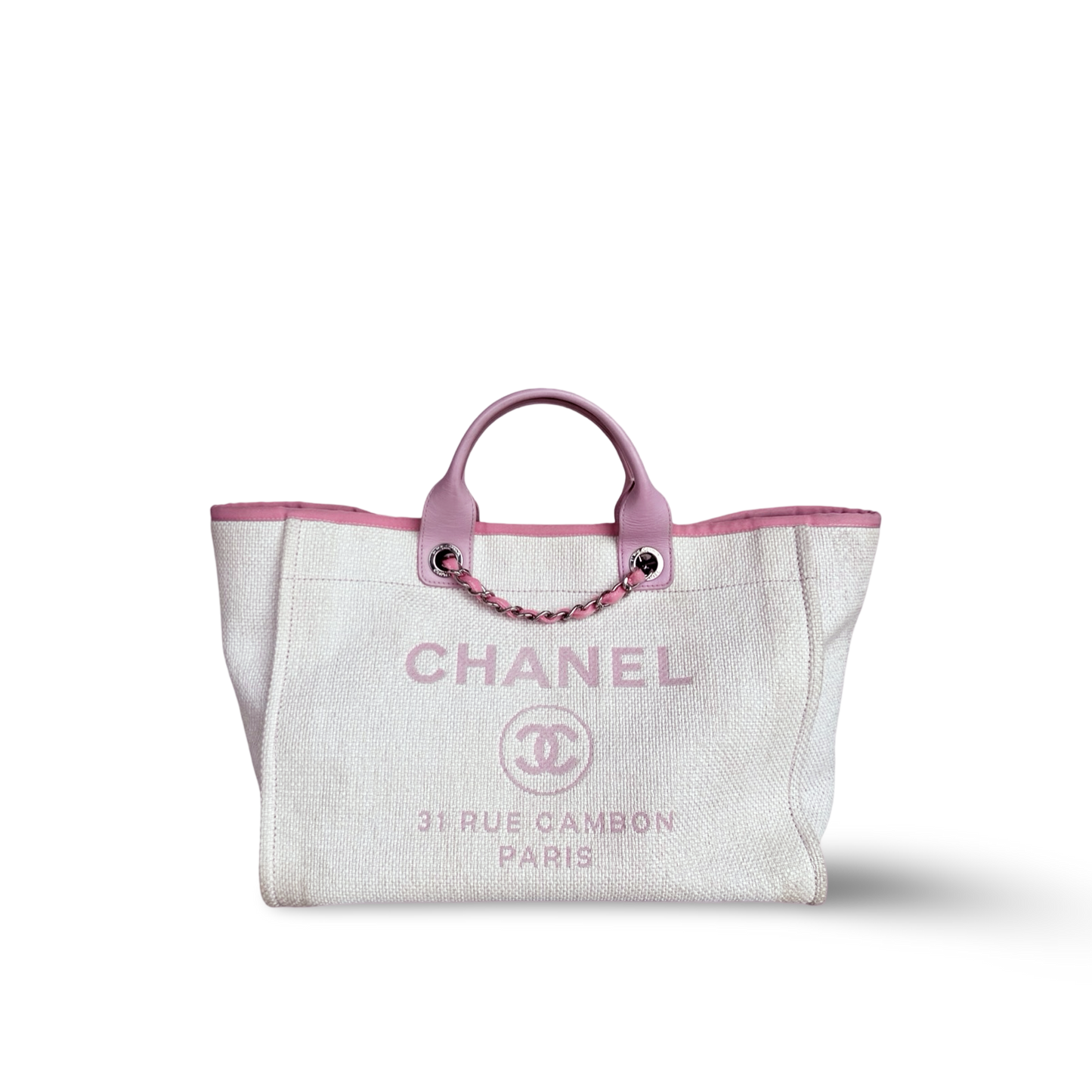 Chanel Straw Raffia Calfskin Chain Medium Deauville Tote - GHW / Pink