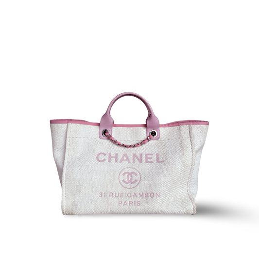 Chanel Straw Raffia Calfskin Chain Medium Deauville Tote - GHW / Pink