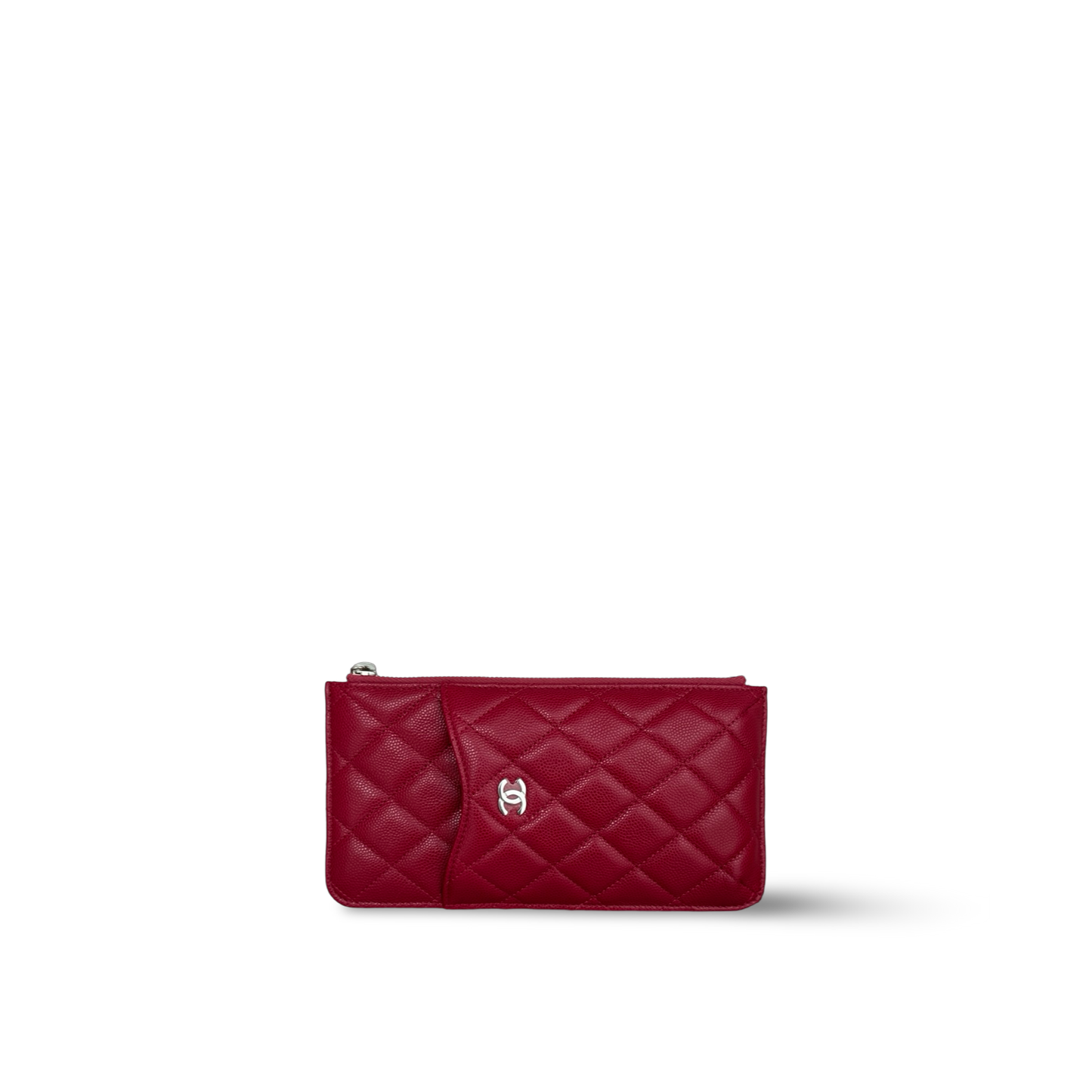 Chanel Quilted Caviar Long Flat Wallet - Sliver / Red