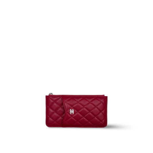 Chanel Quilted Caviar Long Flat Wallet - Sliver / Red