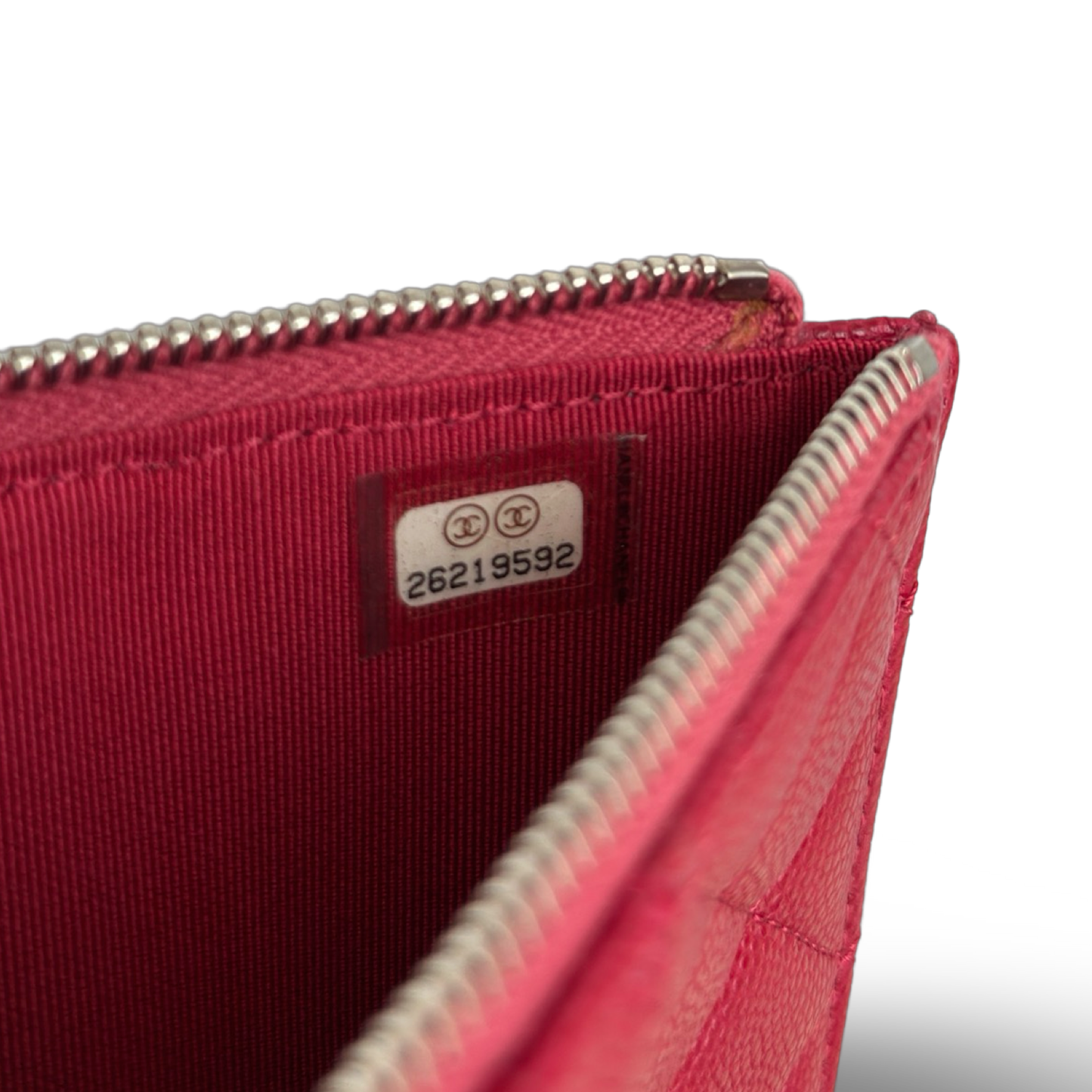 Chanel Quilted Caviar Long Flat Wallet - Sliver / Red